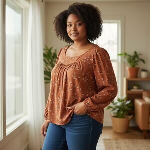 NEW ANA Long Sleeve Tunic Blouse Plus Size 1X Flower Floral Button Up Orange